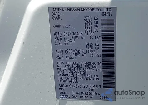 2015 Infiniti Qx60 из США, поврежденный, VIN 5N1AL0MN3FC525851